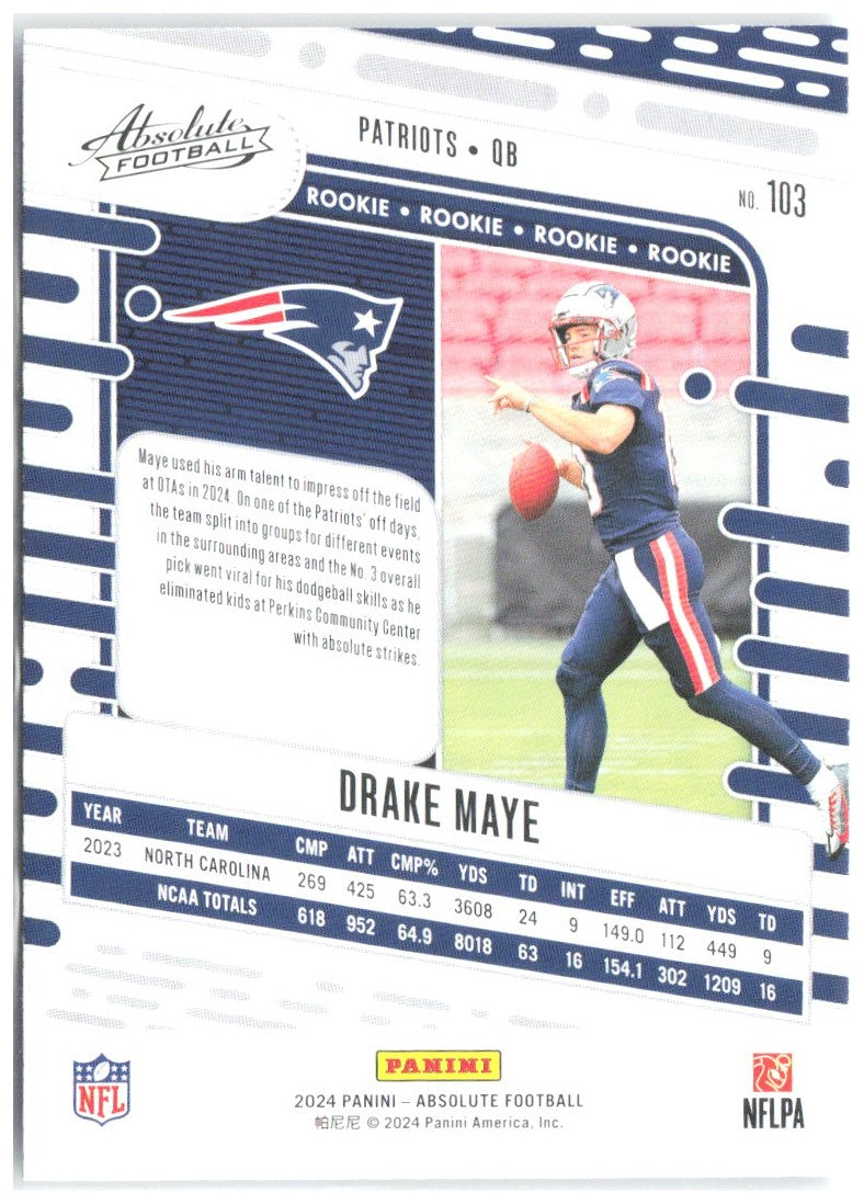Drake Maye Panini Absolute - Retail 103 2024 New England Patriots RC
