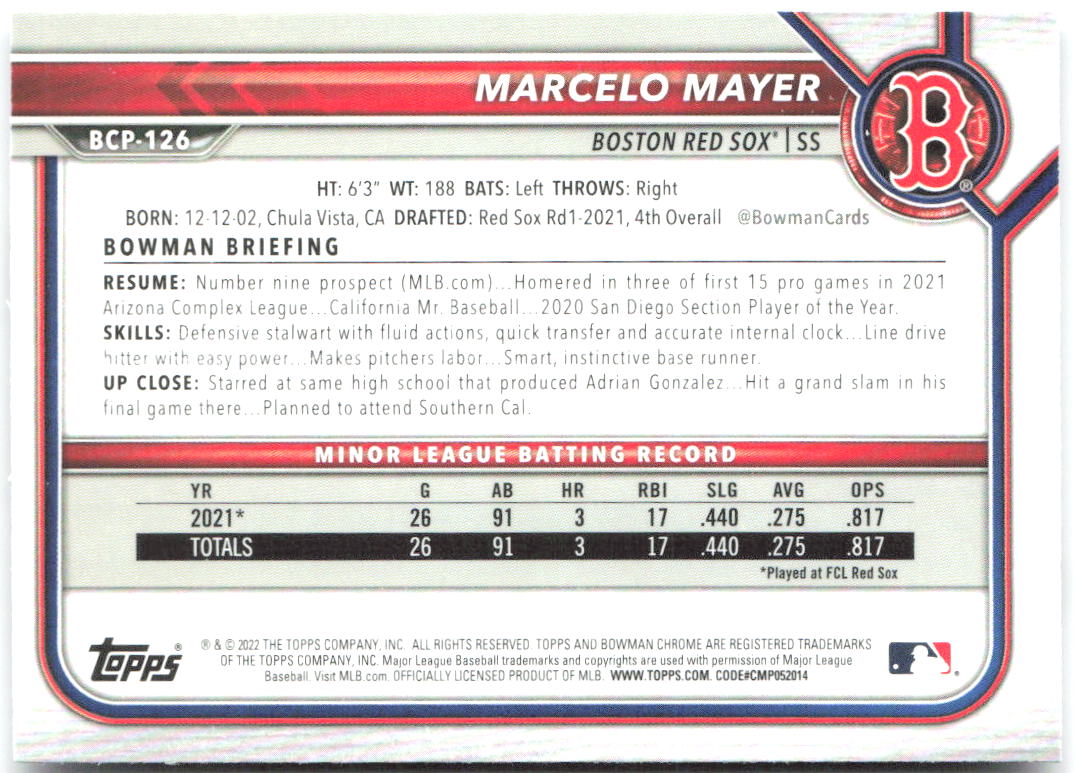 Marcelo Mayer Bowman - Chrome Prospects Mojo Refractors BCP-126 2022 Red Sox