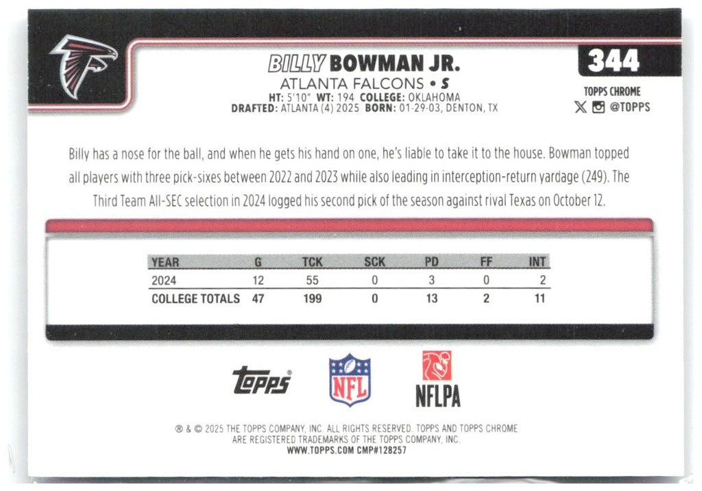 Billy Bowman Jr. Topps Chrome - X-Fractor 344 2025 Atlanta Falcons