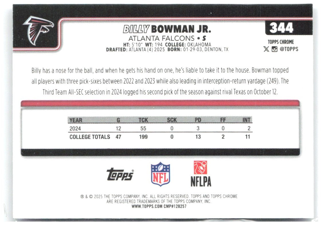 Billy Bowman Jr. Topps Chrome - X-Fractor 344 2025 Atlanta Falcons