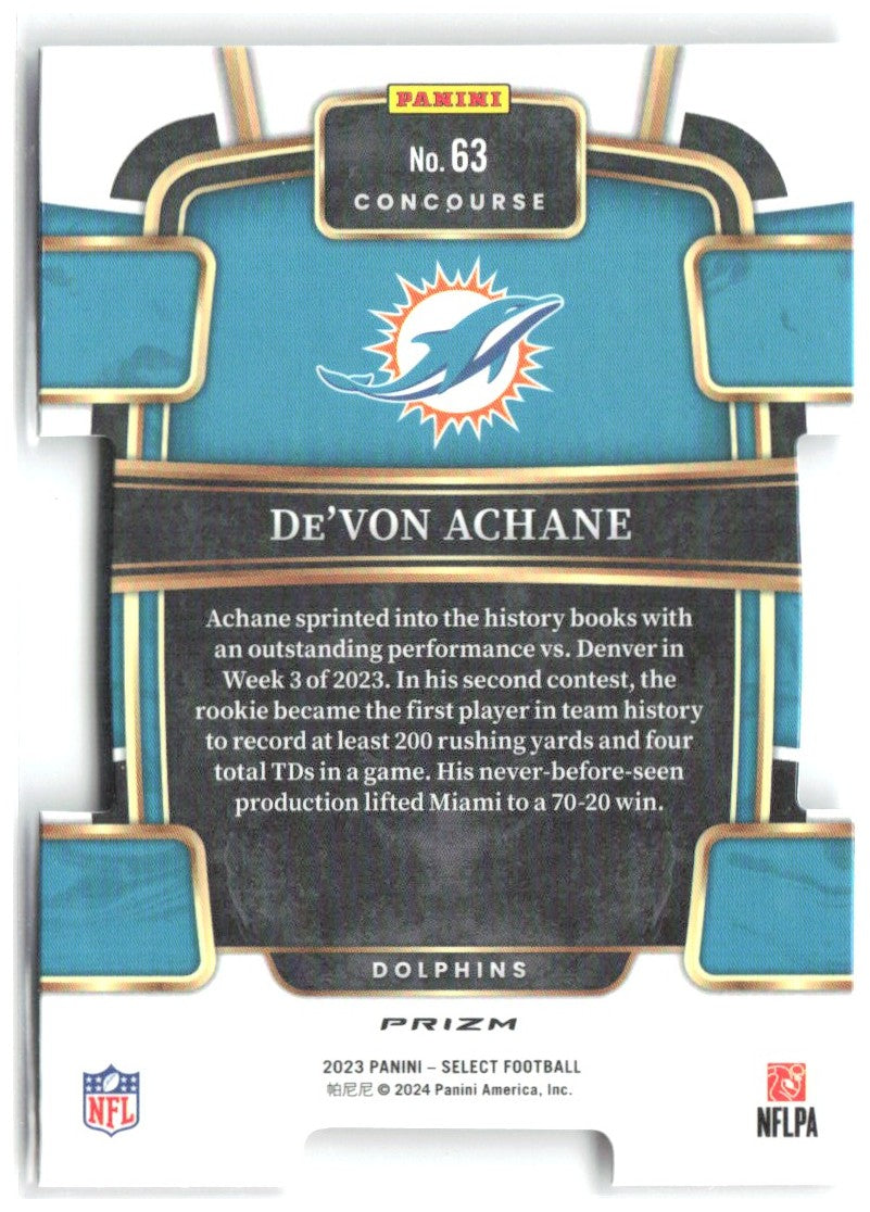 De'Von Achane Panini Select Black and Red Prizms Die Cuts 63 2023 Miami Dolphins