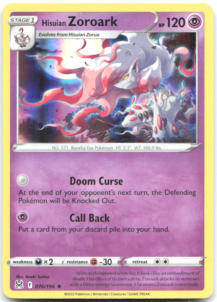 Hisuian Zoroark Reverse Holo Rare SWSH11 Lost Origin 076/196 NM Kouki Saitou