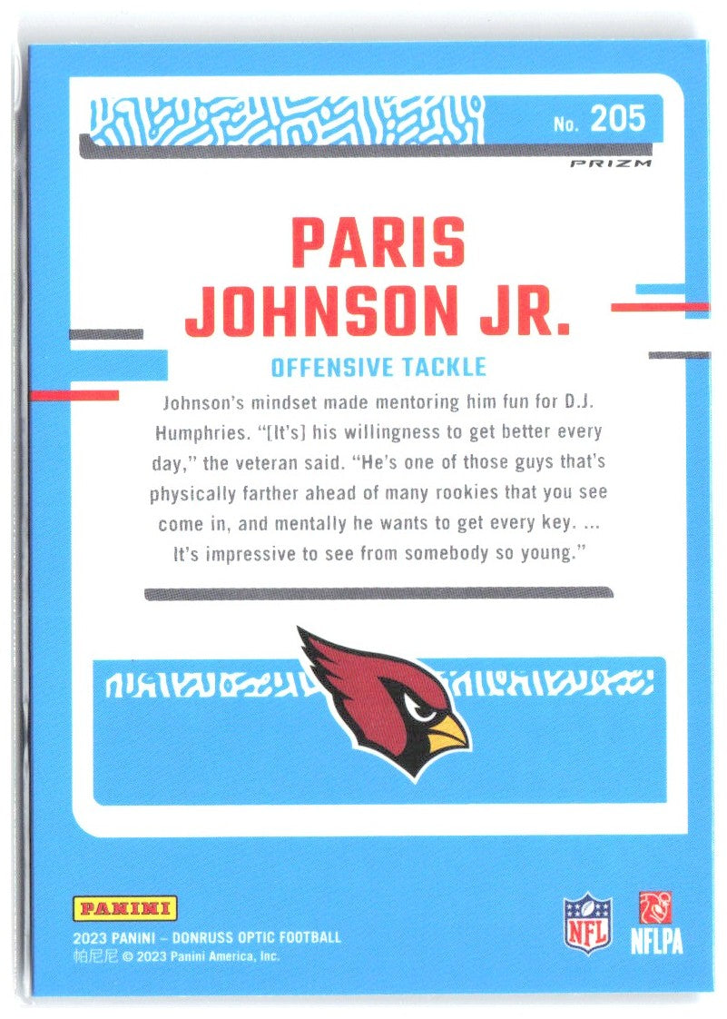 Paris Johnson Jr. Donruss Optic - Blue Hyper 205 2023 Arizona Cardinals