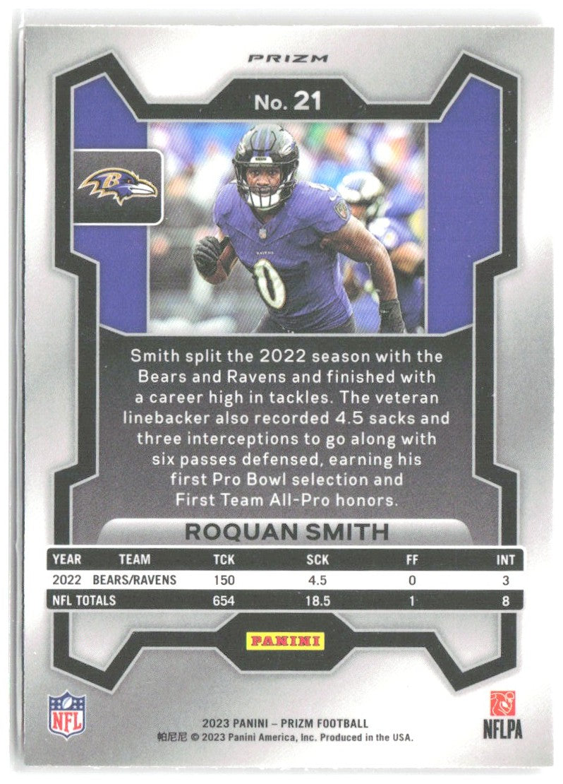 Roquan Smith Panini Prizm - Lazer 21 2023 Baltimore Ravens