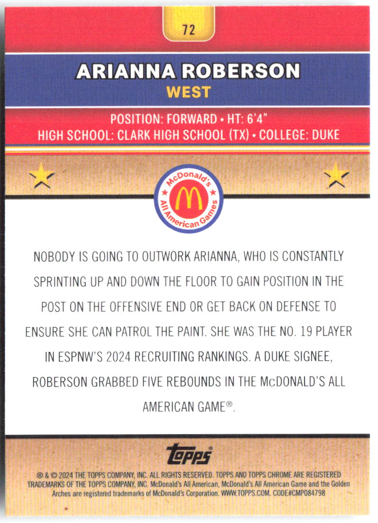 Arianna Roberson Topps Chrome McDonald's All-American 72 2024