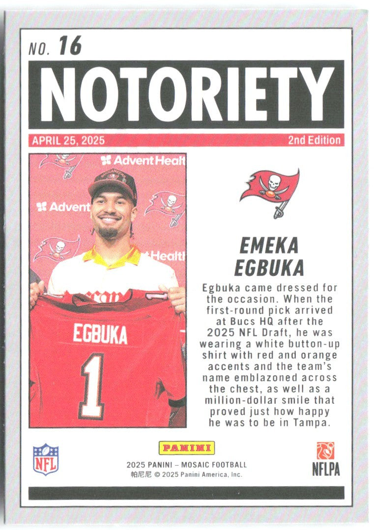 Emeka Egbuka Panini Mosaic - Notoriety Mosaic 16 2025 Tampa Bay Buccaneers