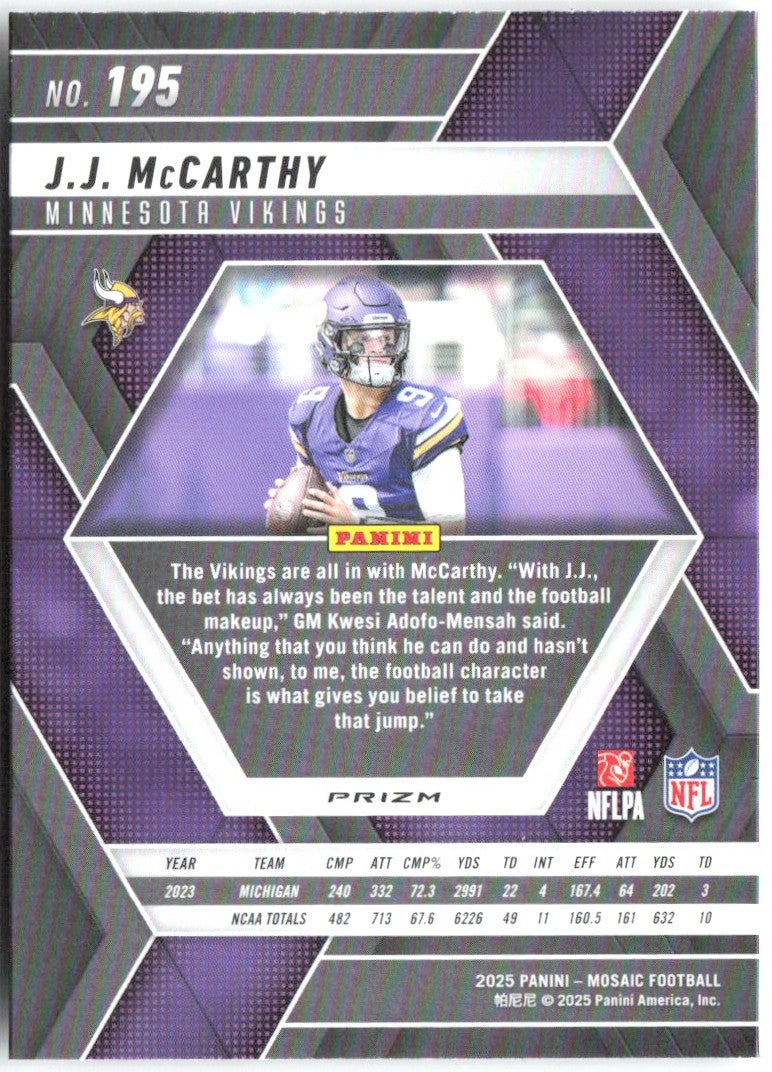 J.J. McCarthy Panini Mosaic - Silver 195 2025 Minnesota Vikings