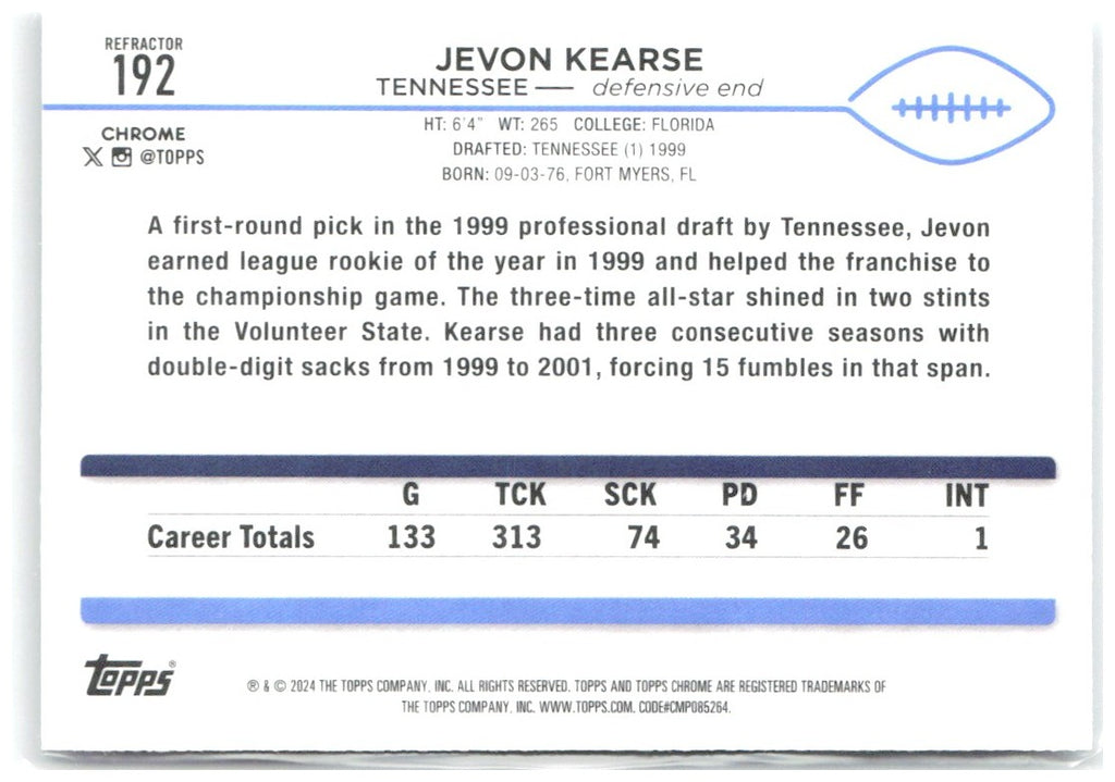 Jevon Kearse Topps Chrome - Refractor 192 2024 Tennessee Titans