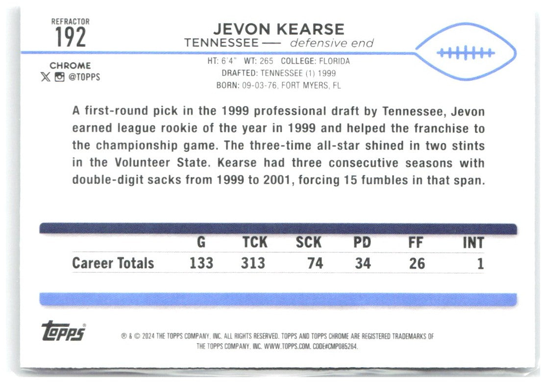 Jevon Kearse Topps Chrome - Refractor 192 2024 Tennessee Titans