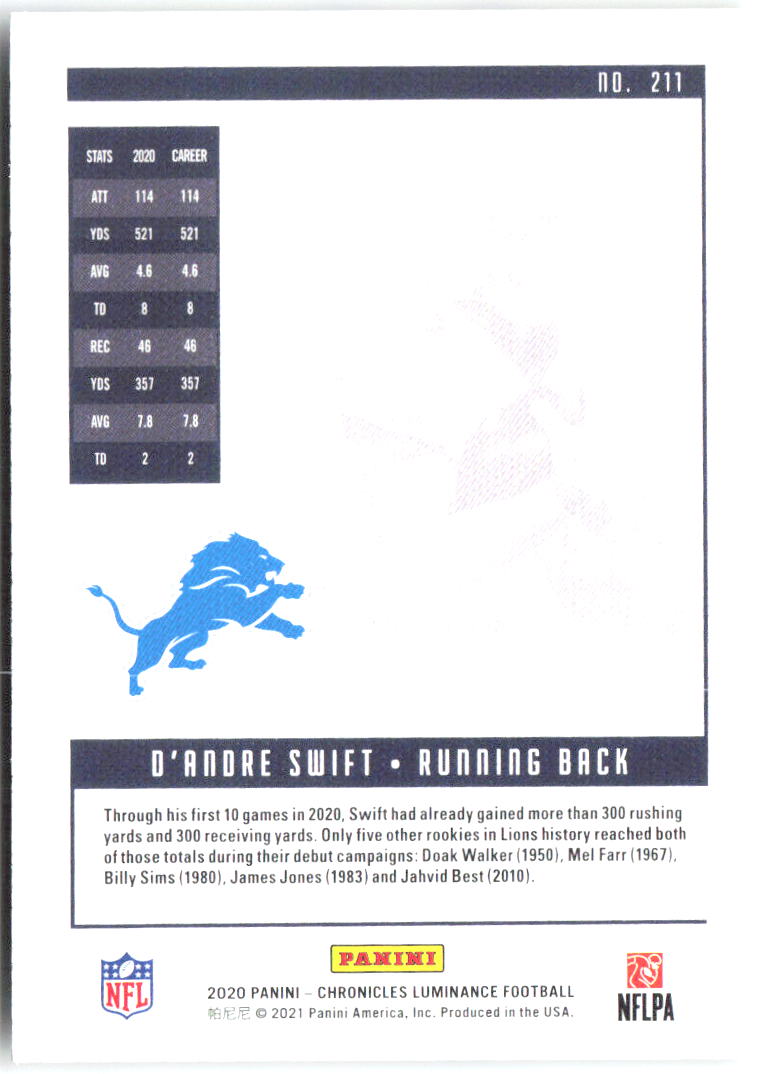 D'Andre Swift Panini Chronicles Luminance Update Rookies 211 2020 Detroit Lions