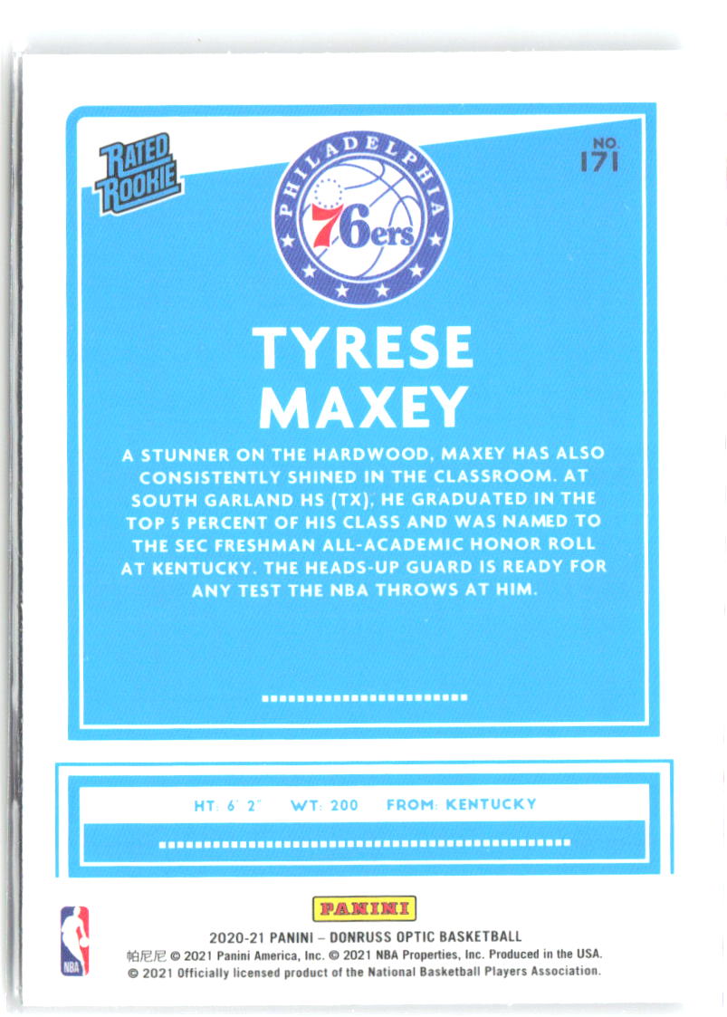Tyrese Maxey Donruss Optic 171 2020-21 Philadelphia 76ers RC
