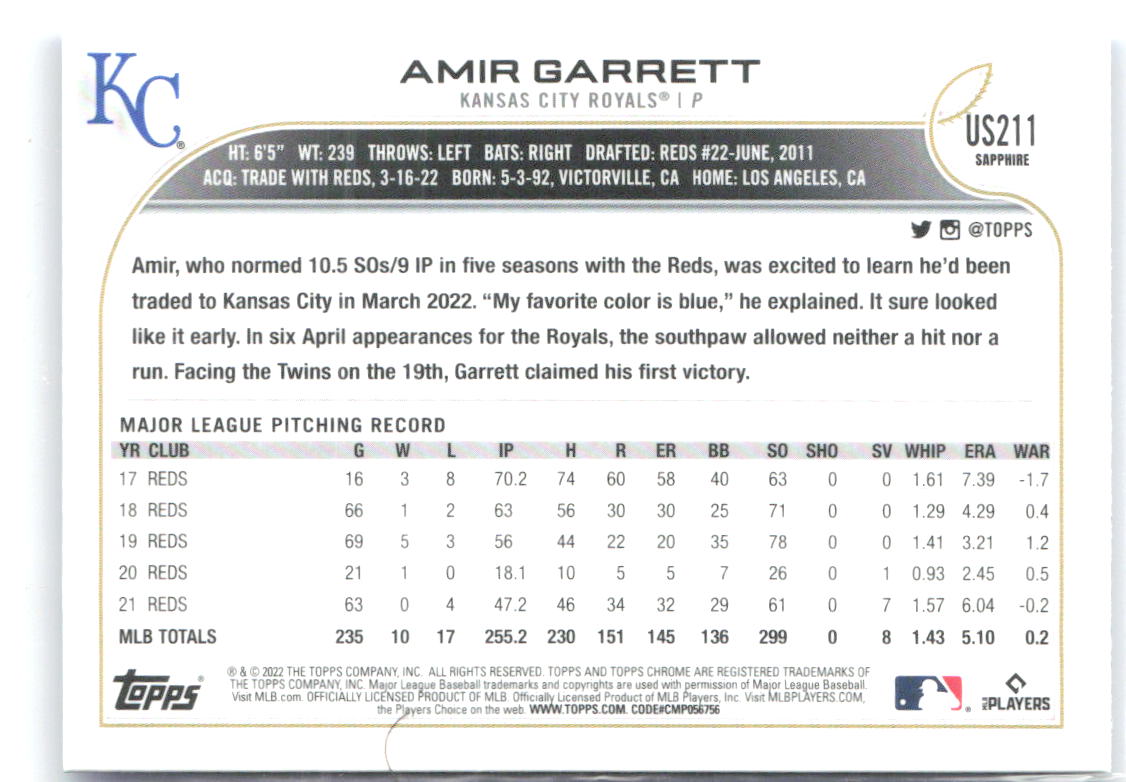 Amir Garrett Topps Chrome Update Sapphire Edition US211 2022 Kansas City Royals