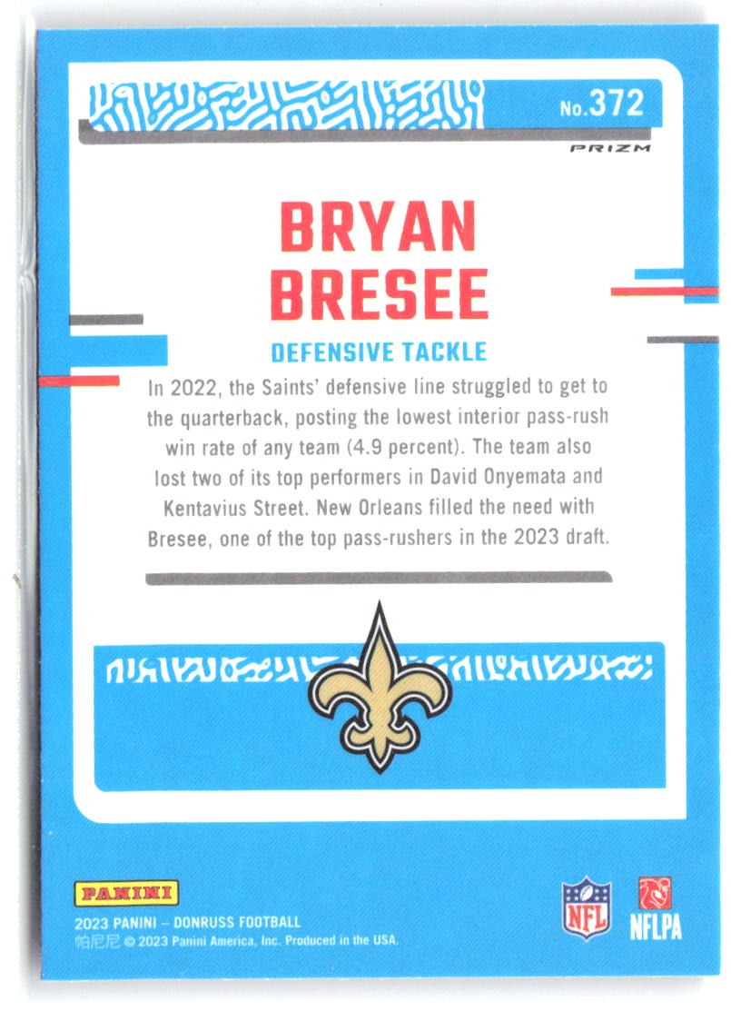 Bryan Bresee Donruss - Optic Rated Rookie Pink Prizm 372 2023 New Orleans Saints