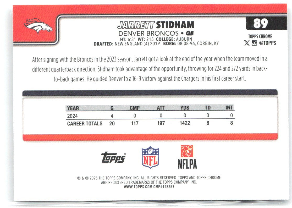 Jarrett Stidham Topps Chrome - X-Fractor 89 2025 Denver Broncos