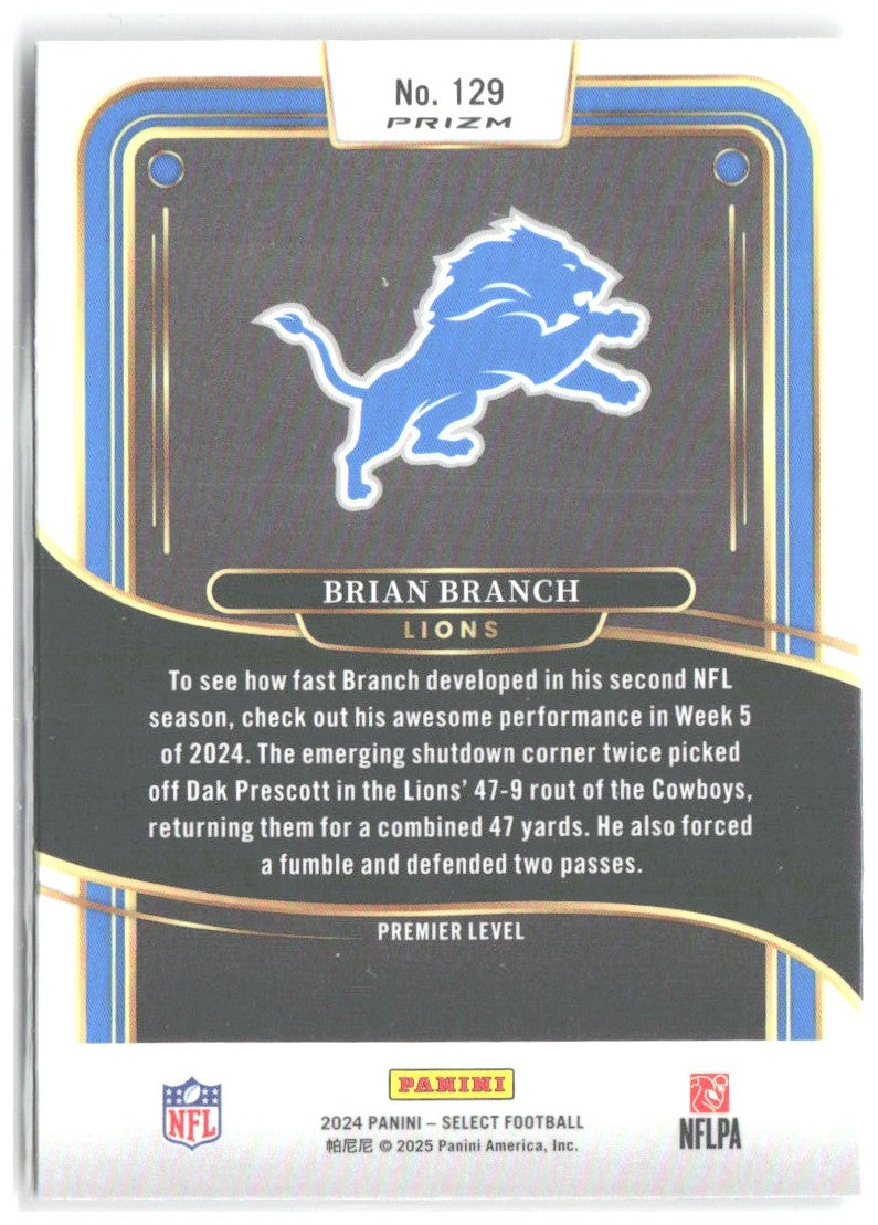 Brian Branch Panini Select - Red & Yellow Prizm Shock 129 2024 Detroit Lions