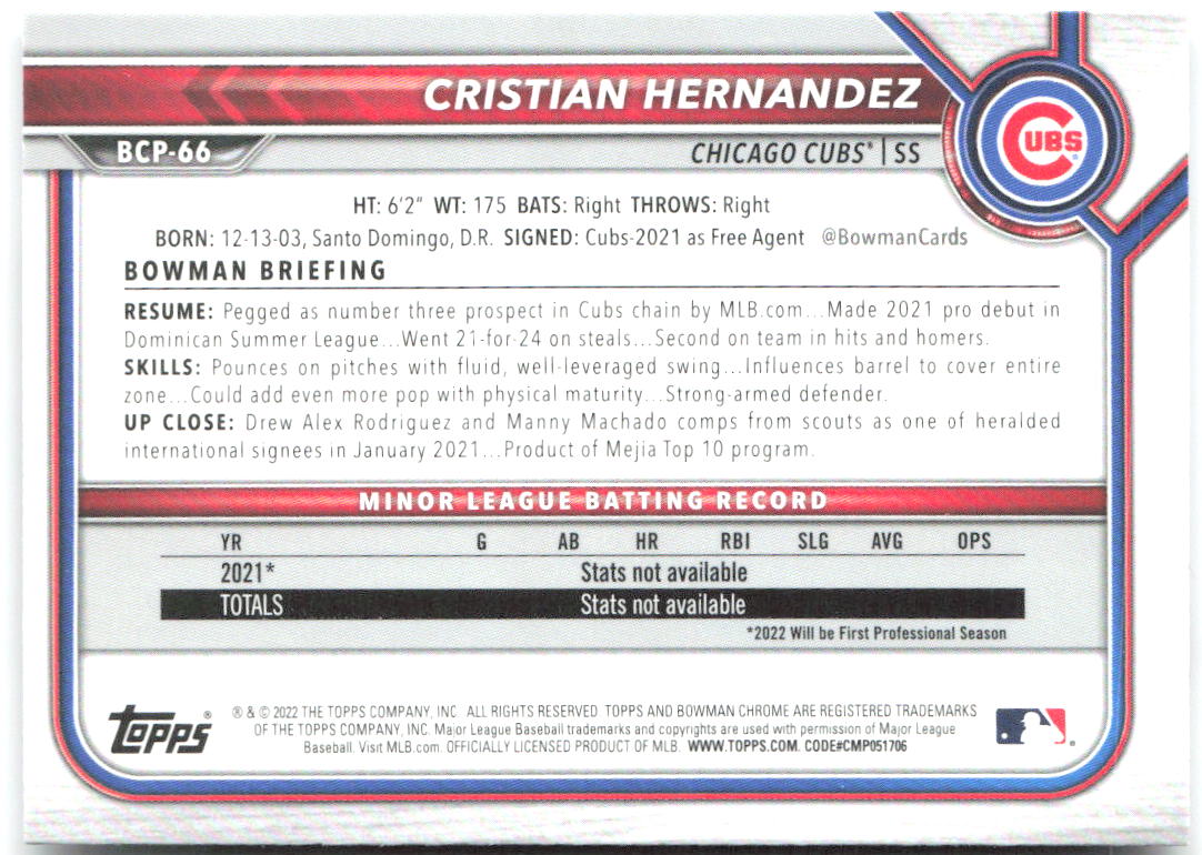 Cristian Hernandez Bowman - Chrome Prospects BCP-66 2022 Chicago Cubs
