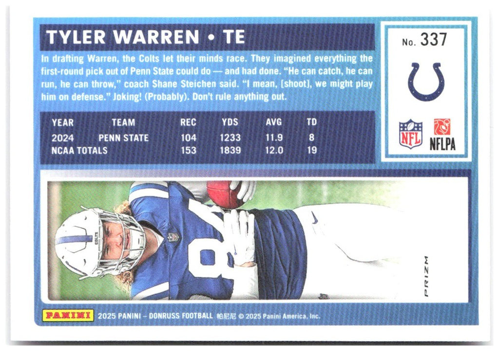 Tyler Warren Donruss - Optic Rated Rookies Pink 337 2025 Indianapolis Colts