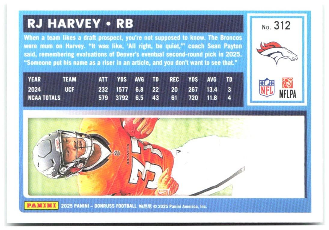 RJ Harvey Donruss - Press Proofs Green 312 2025 Denver Broncos