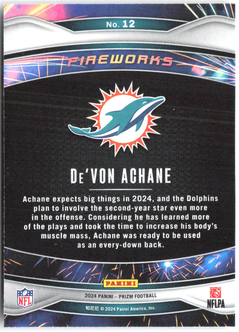De'Von Achane Panini Prizm - Fireworks 12 2024 Miami Dolphins