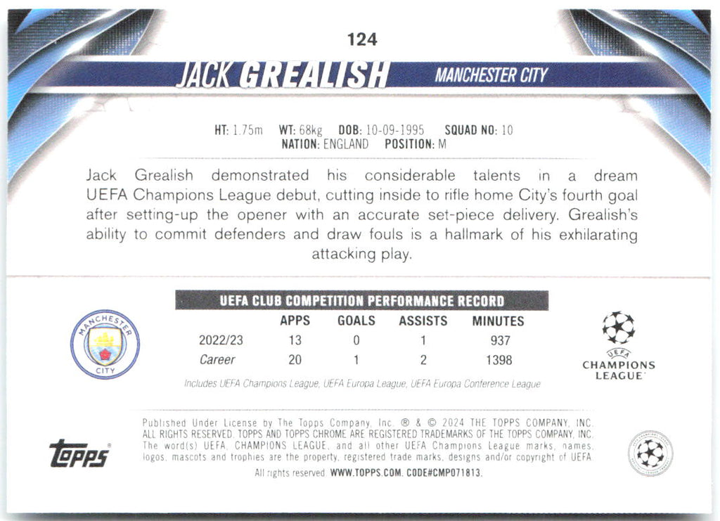 Jack Grealish Topps Chrome UEFA Competitions - Aqua Prism Refractor 124 2023-24