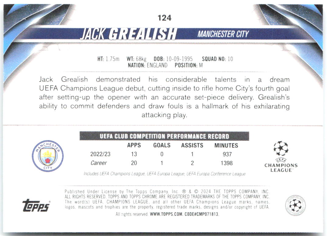 Jack Grealish Topps Chrome UEFA Competitions - Aqua Prism Refractor 124 2023-24