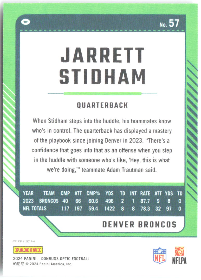 Jarrett Stidham Donruss Optic - Holo 57 2024 Denver Broncos