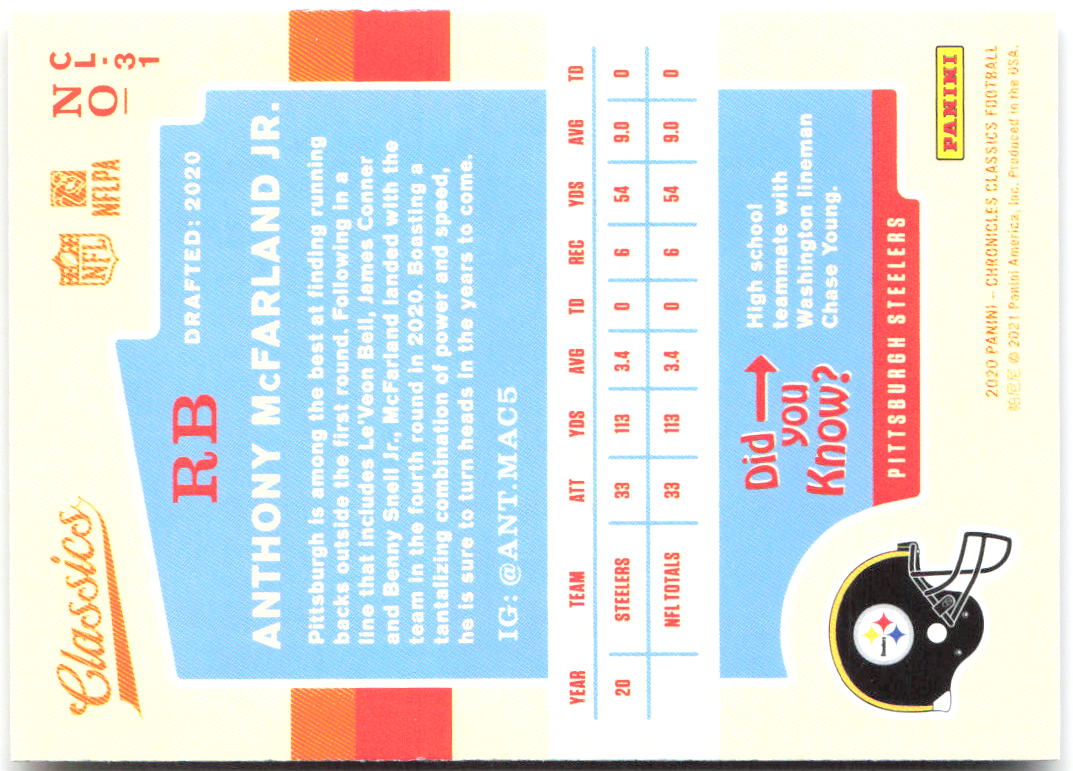 Anthony McFarland Jr. Panini Chronicles Classics CL-31 2020 Pittsburgh Steelers
