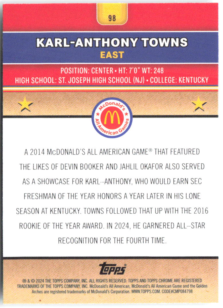 Karl-Anthony Towns Topps Chrome McDonald's All-American 98 2024