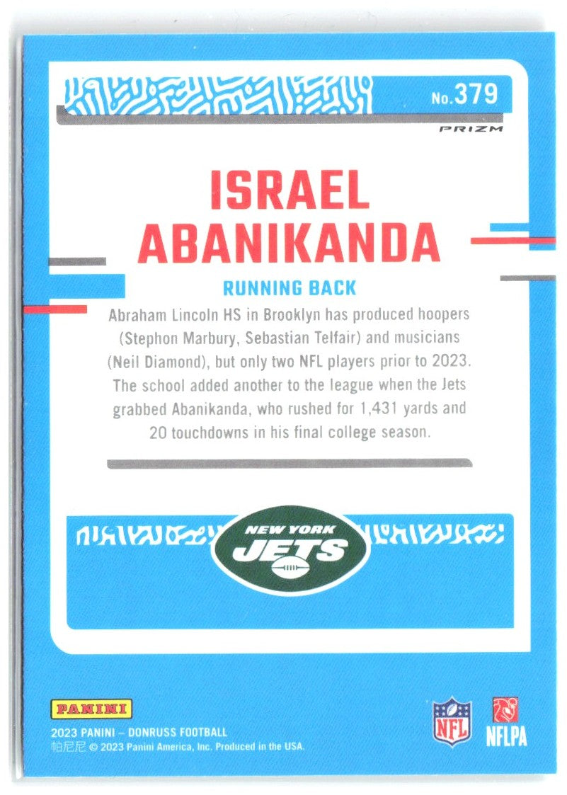 Israel Abanikanda Donruss - Optic Rated Rookie Red & Green Prizm 379 2023 Jets