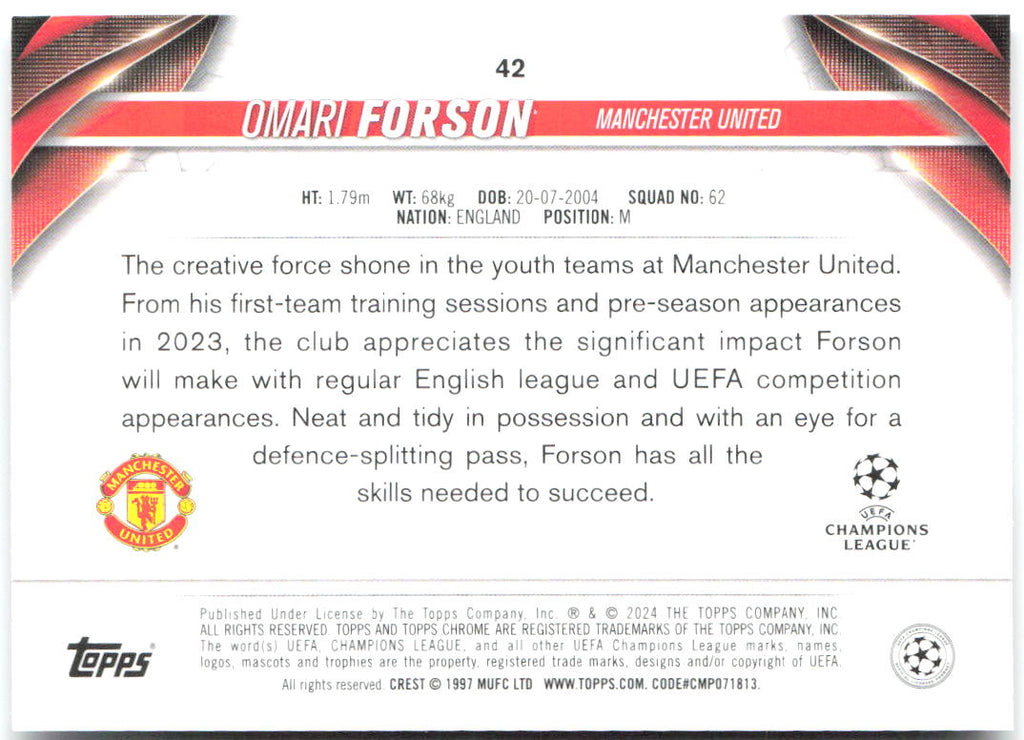 Omari Forson Topps Chrome UEFA Club Competitions 42 2023-24 Manchester United RC