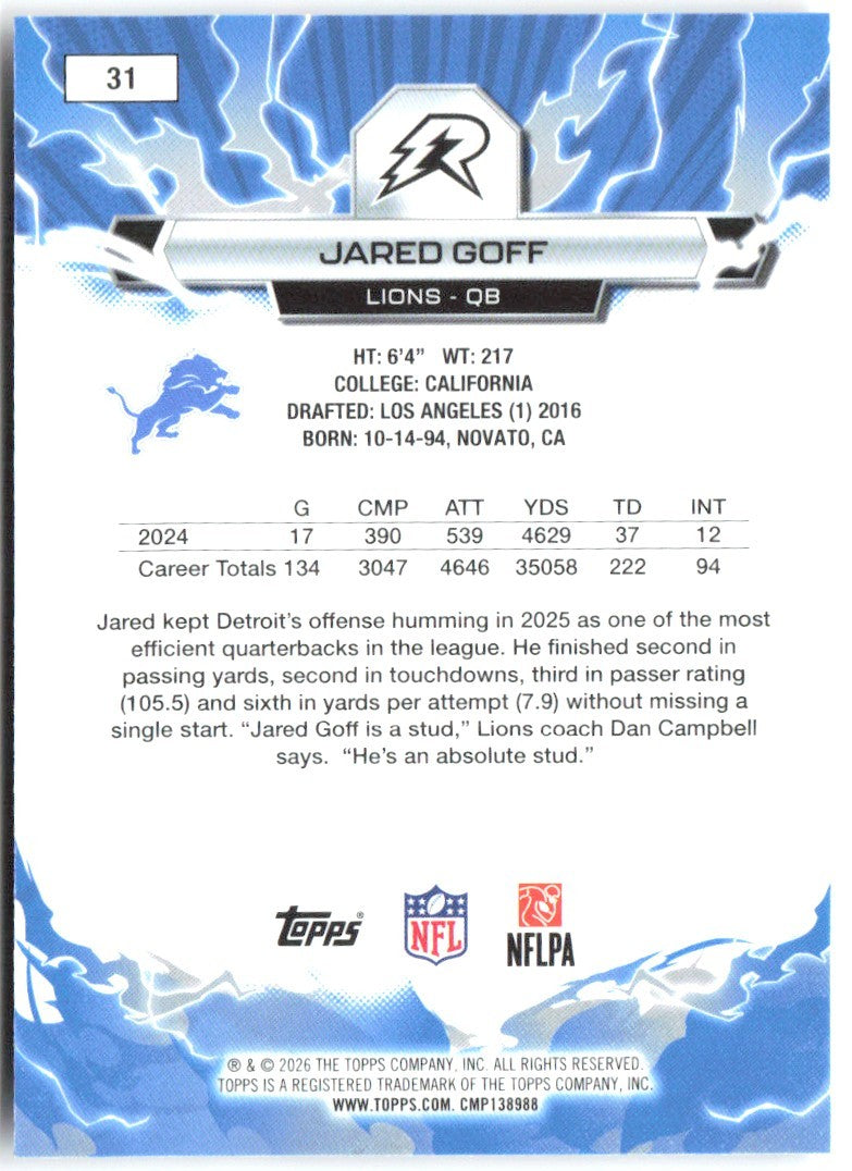 Jared Goff Topps Resurgence - Sky Blue & Pink Shock Refractor 31 2025 Lions