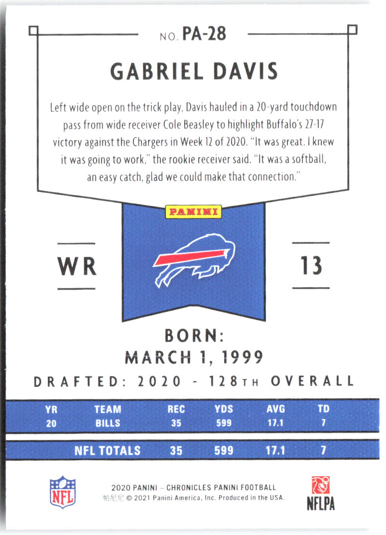 Gabriel Davis Panini Chronicles - Panini PA-28 2020 Buffalo Bills