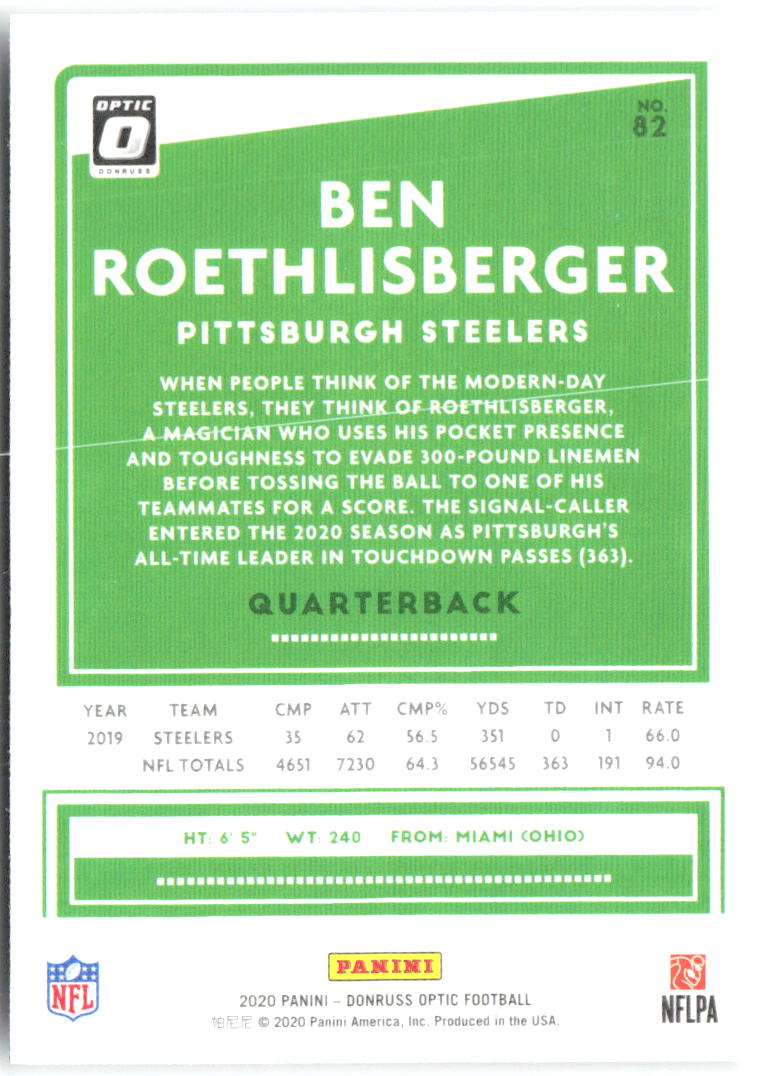 Ben Roethlisberger Donruss Optic 82 2020 Pittsburgh Steelers
