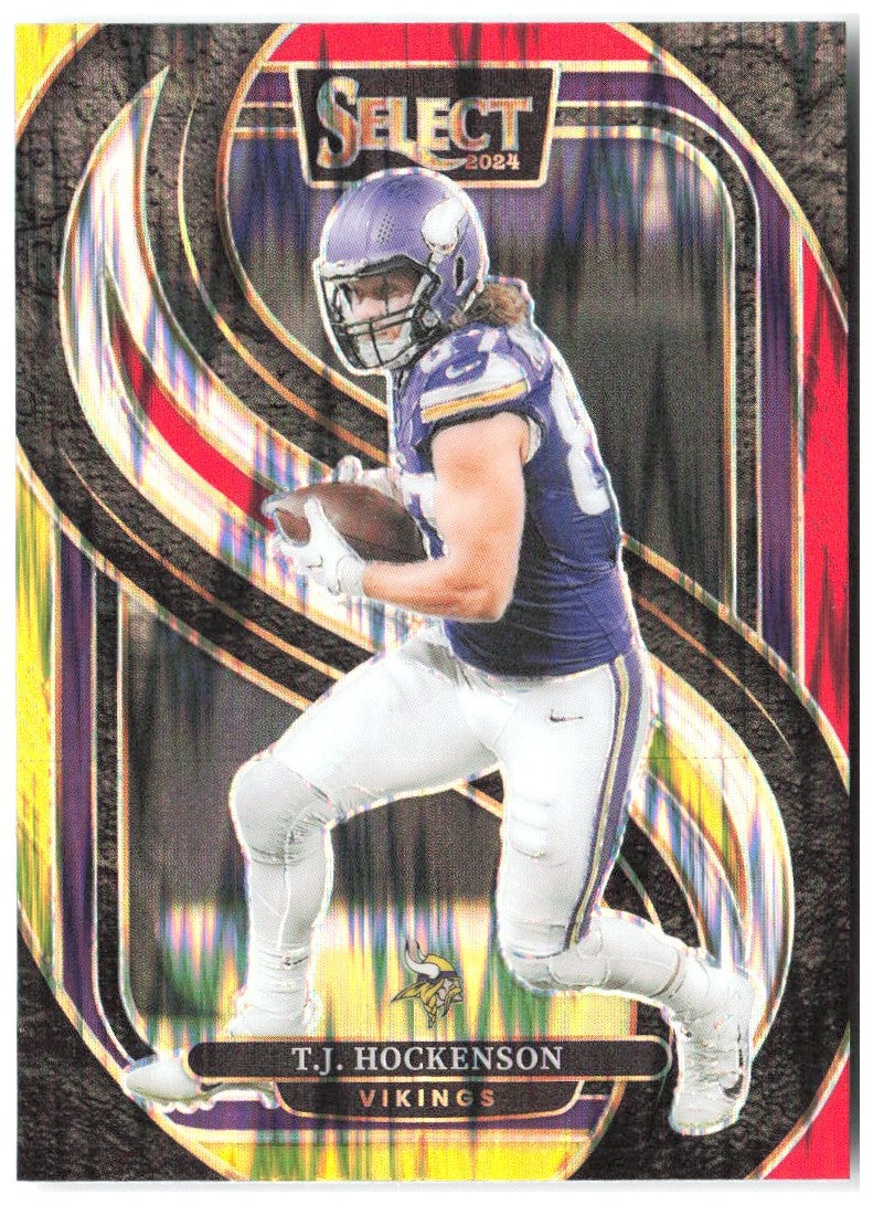 T.J. Hockenson Panini Select Red & Yellow Prizm Shock 194 2024 Minnesota Vikings