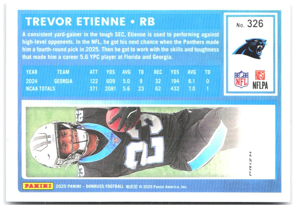 Trevor Etienne Donruss Optic Rated Rookies Blue Scope 326 2025 Carolina Panthers
