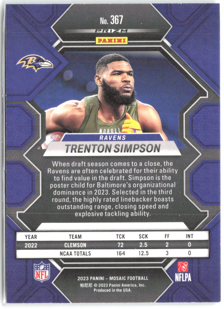 Trenton Simpson Panini Mosaic - Green Mosaic 367 2023 Baltimore Ravens