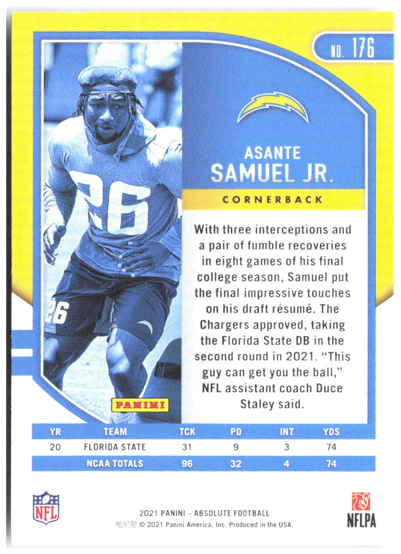 Asante Samuel Jr. Panini Absolute - Retail 176 2021 Los Angeles Chargers RC