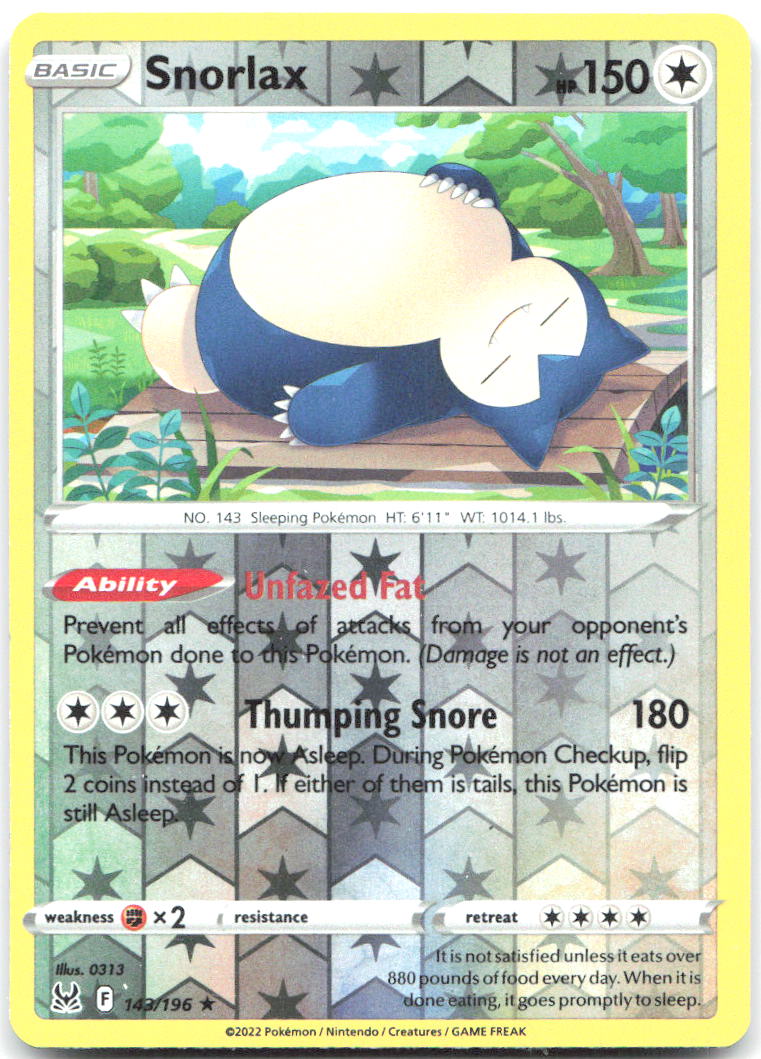 Snorlax Reverse Holo Holo Rare SWSH11: Lost Origin 143/196 NM 0313