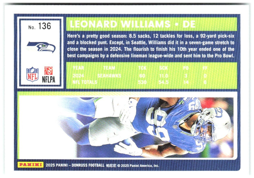 Leonard Williams Donruss - Press Proofs Green 136 2025 Seattle Seahawks