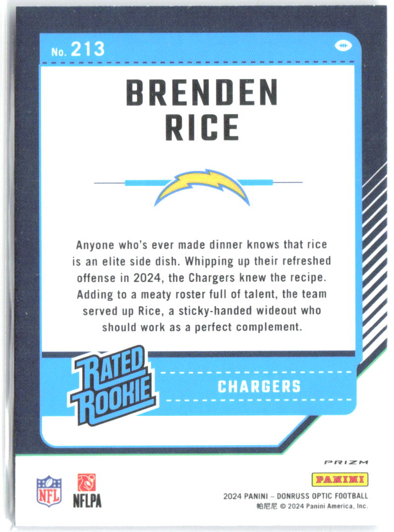 Brenden Rice Donruss Optic - Holo 213 2024 Los Angeles Chargers