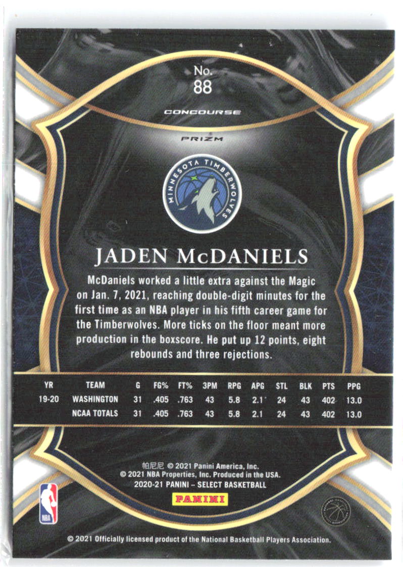 Jaden McDaniels Select - Blue White Purple Cracked Ice 88 2020-21 Timberwolves