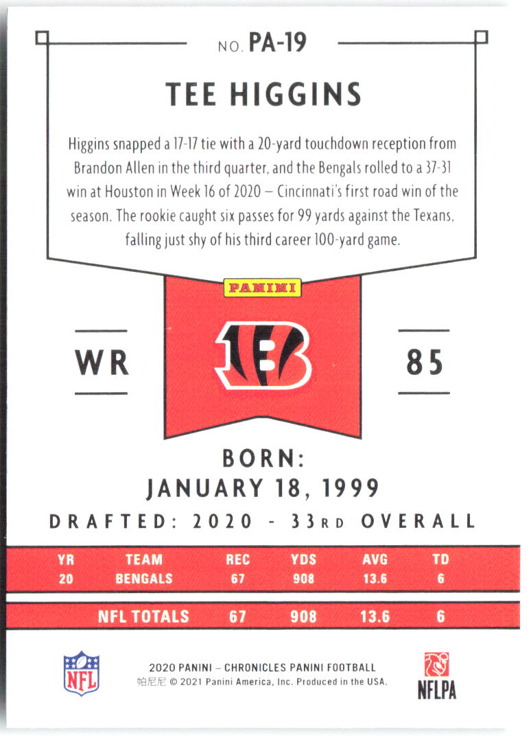 Tee Higgins Panini Chronicles - Panini PA-19 2020 Cincinnati Bengals