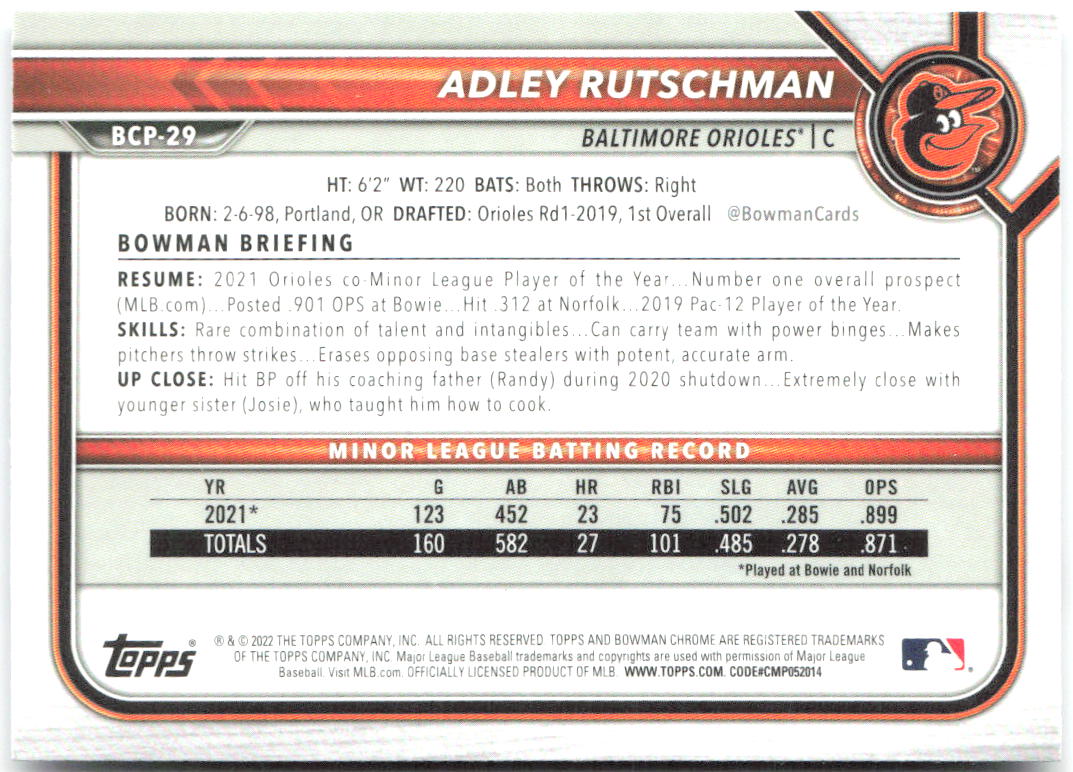 Adley Rutschman Bowman - Chrome Prospects Mojo Refractors BCP-29 2022 Orioles