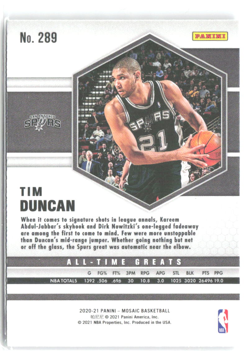 Tim Duncan Panini Mosaic - Mosaic 289 2020-21 San Antonio Spurs