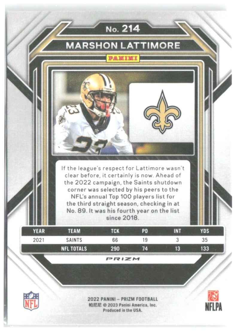 Marshon Lattimore Panini Prizm - Silver 214 2022 New Orleans Saints