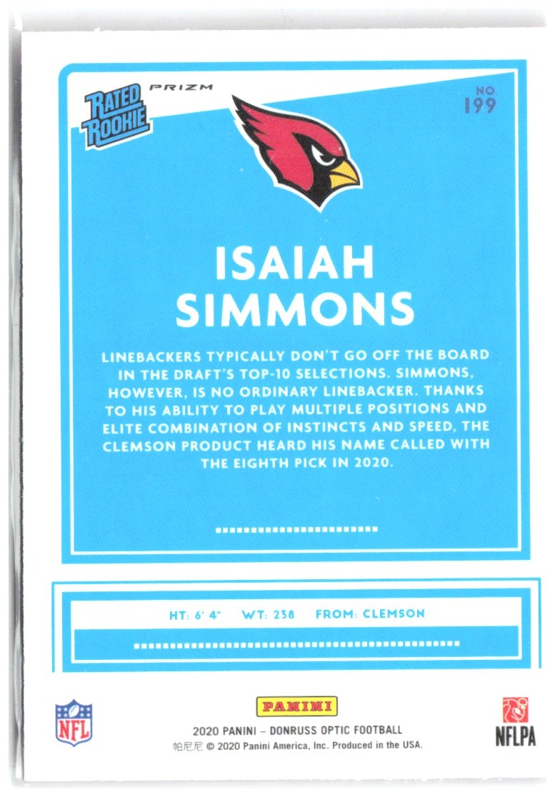 Isaiah Simmons Donruss Optic - Pink 199 2020 Arizona Cardinals