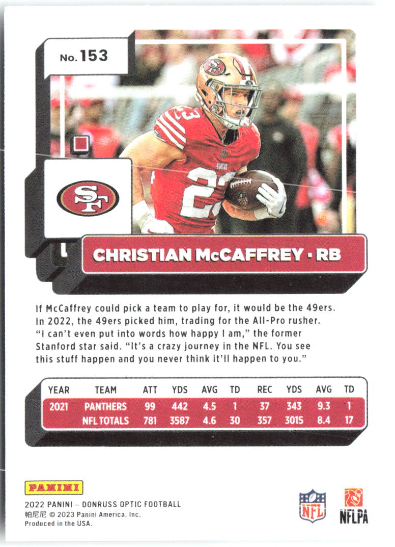 Christian McCaffrey Donruss Optic 153 2022 San Francisco 49ers