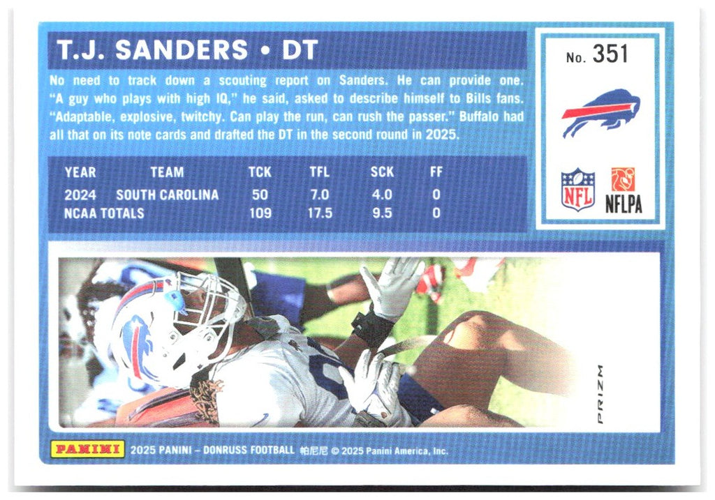 T.J. Sanders Donruss Optic Rated Rookies Preview Red Wave 351 2025 Buffalo Bills