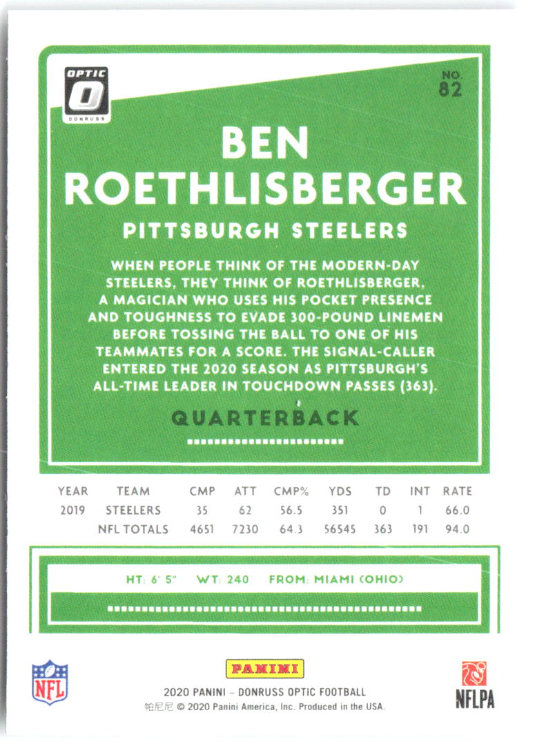 Ben Roethlisberger Donruss Optic 82 2020 Pittsburgh Steelers