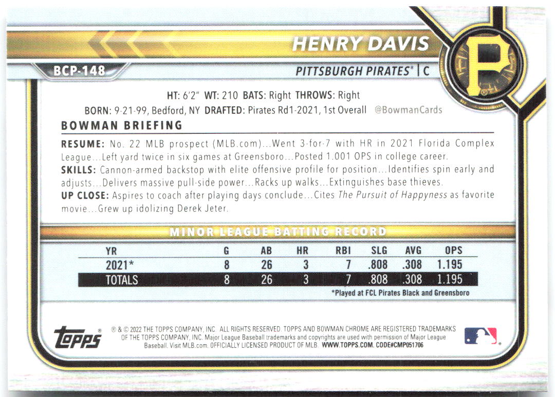 Henry Davis Bowman - Chrome Prospects BCP-148 2022 Pittsburgh Pirates